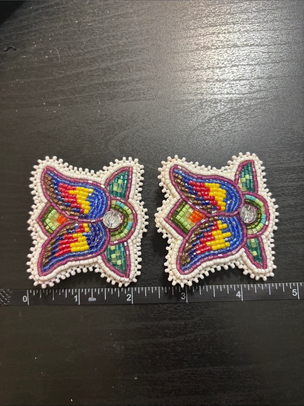 Authentic Indigenous Hand-Beaded Flat Stitch Floral Tulip Earrings - Picture 5 of 6